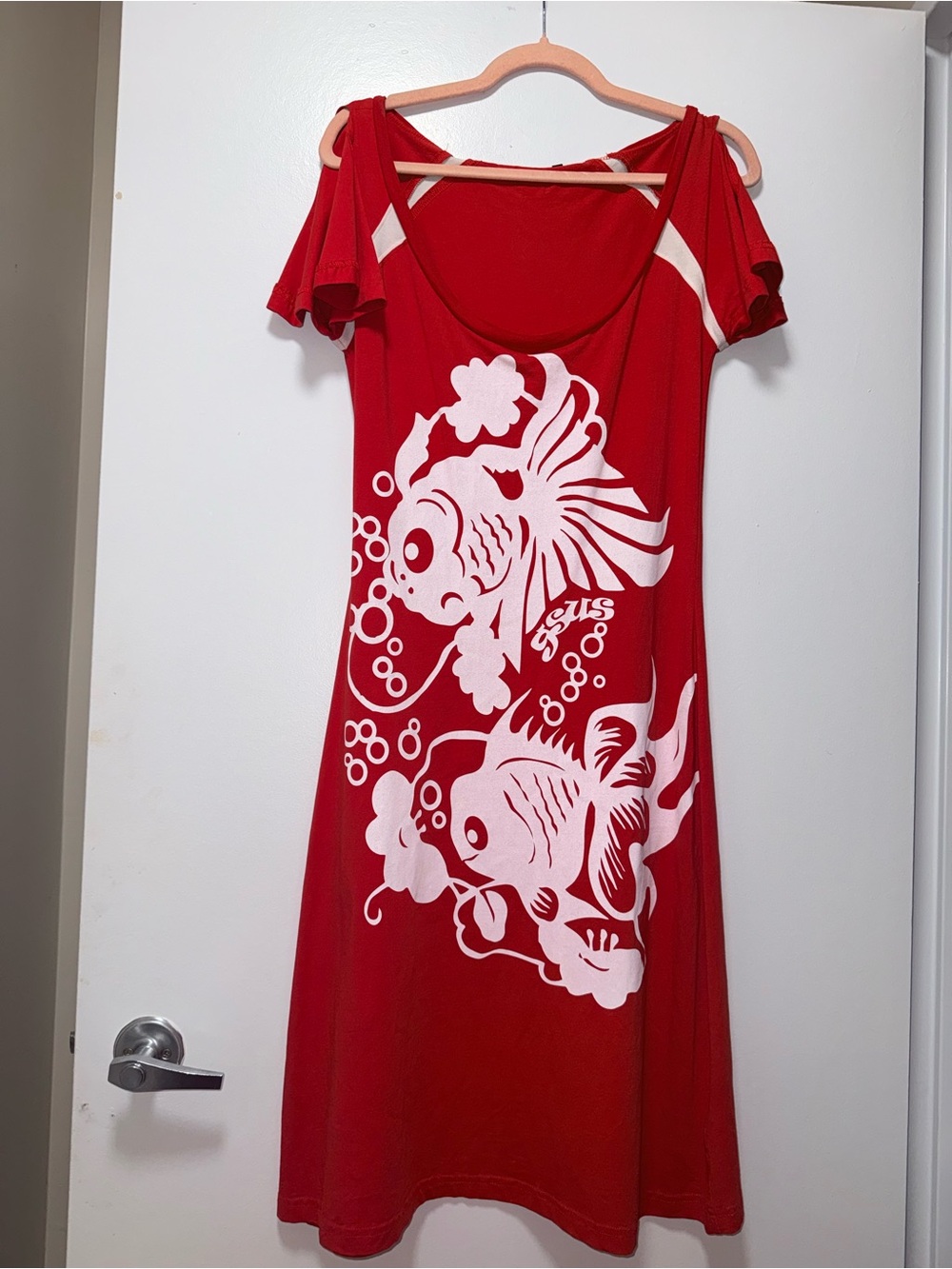 GsusRed Midi Dress with White Koi Graphic